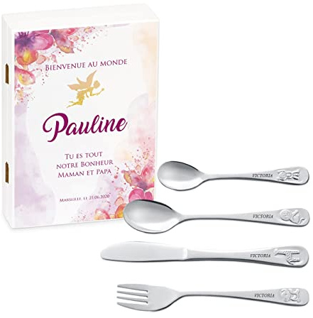 Maverton Set de couverts personnalisé dans boîte en bois imprimée - Thème Animal - Cadeau d'anniversaire personnalisé - Pour filles - Cadeaux bébé - Coutellerie gravée - FÉE