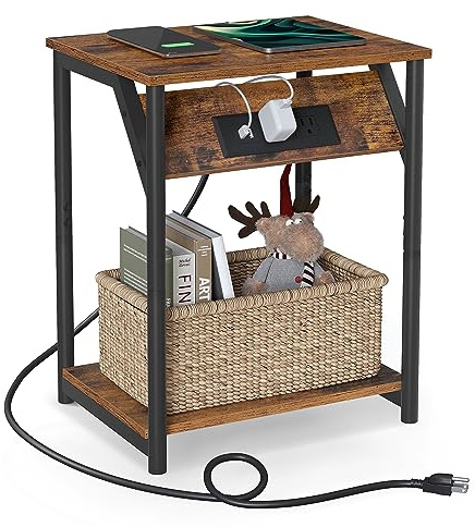 VASAGLE End Table with Charging Station, Small Side Table for Living Room, Bedroom, Nightstand with Outlets and USB Ports, Bedside Table with Storage Shelf, Rustic Brown and Black