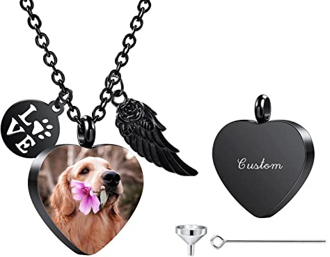 INBLUE Personalisierte Urnen Halskette für Asche, Pfotenabdruck Herz Edelstahl Anhänger, Gravur Foto Hund Katze Name, Feuerbestattung Schmuck für Damen Herren mit Trichter Set, Engelsflügeln