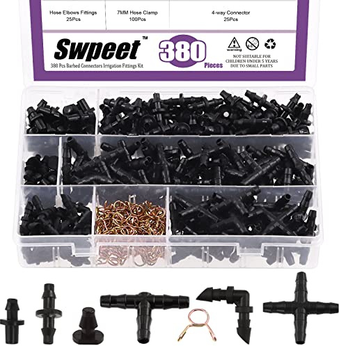 Swpeet 380Pcs 6 tipi di connettori a spinato raccordi per irrigazione con kit di morsetti per tubo singolo da 7 mm, barbe dritte, barbe singole, tees, larici, spina finale, connettori