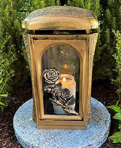 Lanterna funeraria con rosa, 27 cm di altezza, candela funeraria senza base e senza decorazione