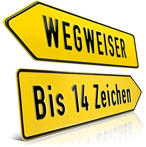 schildEVO 1 Wegweiser-Schild geprägt mit Wunschtext | Pfeil-Schild Gelb | Rechts oder Links | Aluminium Kennzeichen 520x110mm