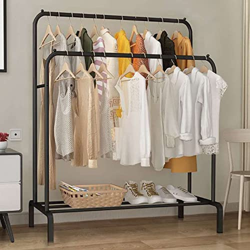 Clothes Rail Heavy Duty Clothes Rack Metal Double Poles Clothing Garment Rack Hanger 144x110x55cm Freestanding Coat Rack with Bottom Storage Shelf for Bedroom Home Office Black