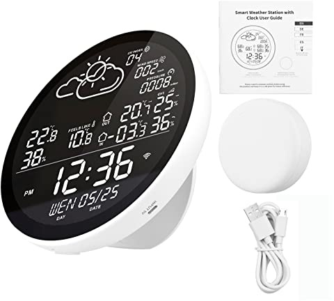 Benkeg Estación meteorológica inteligente wifi con reloj Medidor de temperatura y humedad para interiores y exteriores Pantalla a color grande multifuncional Reloj meteorológico Temp. y medidor de hum