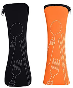 Cutlery Bag for Travelling, Portable Neoprene Cutlery Box, 2 Pieces Picnic Tableware Camping (Orange/Black)