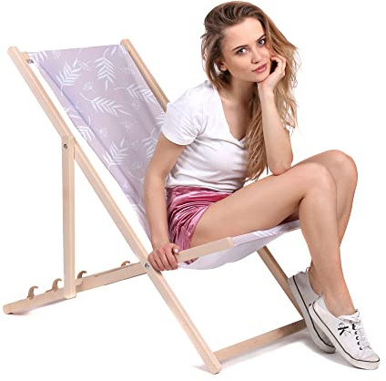 DreamRoots Liegestuhl Klappbar Holz aus Buchenholz, bis 130 kg belastbar, 3-Fach verstellbare Rückenlehne, waschbarer Polyesterbezug