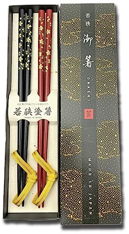Premium Japanese Chopsticks Reusable 2pcs set [ Made in Japan ] Traditional Lacquer Art Wooden Chopsticks B (Gold Flower BK/RD(WH38))