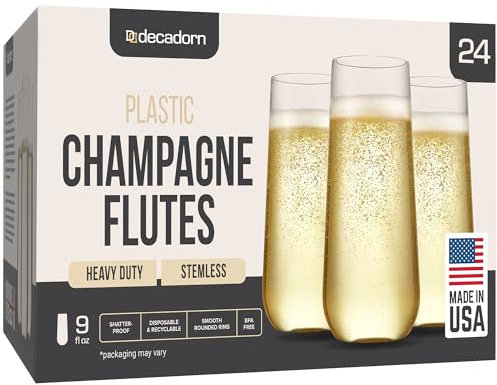 DECADORN Clear Stemless Champagne Flutes Plastic 24 Pack, Made in USA, 9oz Plastic Champagne Glasses - Durable and Sturdy Mimosa Glasses For Parties - Shatterproof, Recyclable, BPA-Free, Smooth Rims