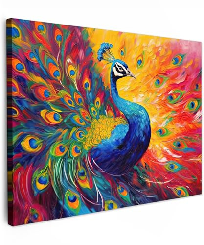 MuchoWow© Bild auf Leinwand Schlafzimmer Bilder Wand Deko Wohnzimmer Modern | 40x30 cm - Wanddeko Bilderwand Geschenk Kunstdruck - Bunt - Pfau - Kunst - Malerei - Pfauenfedern