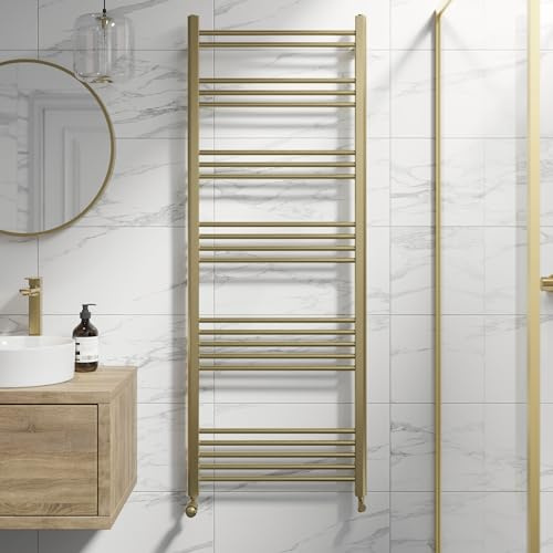 DuraTherm® 1600 x 600mm Flat Straight Heated Towel Rail Radiator Modern Central Heating Bathroom Warmer Wall Mounted Ladder Rad, Brushed Brass