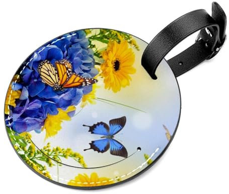 Gepäckanhänger, 2 Stück, Leder, Koffer-Identifikatoren, Kreuzfahrt-ID-Etiketten mit Sichtschutz, passt auf Rucksack für Reisetasche, Blumen, Schmetterlinge, digitale Hydragea-Gänseblümchen, blau