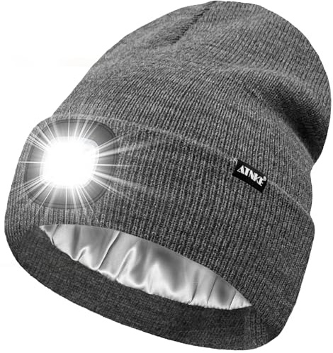 ATNKE LED Beleuchtete Mütze mit Licht,Wiederaufladbare USB 4 LED Beleuchtete Laufmütze Extrem Heller Lampe Winter Warme Satin Seide Gefüttertes Geschenke für Herren und Damen/Grey