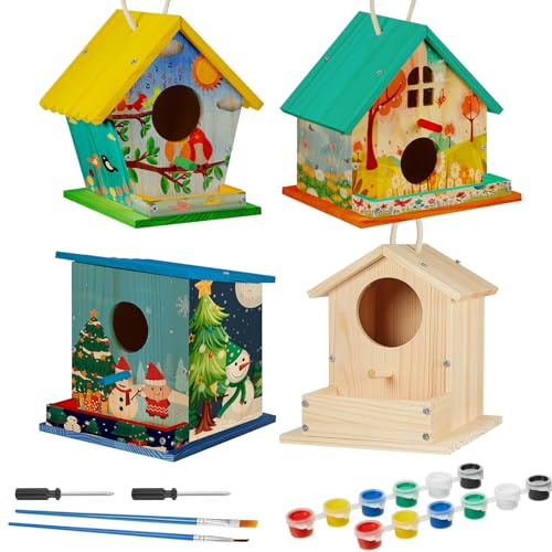 Liliful 4 Pack Birdhouse Crafts for Kids, Wooden Creative DIY Bird House Kits Arts and Crafts Set for Kids and Adults, Spring Birthday Gifts for Toddlers Ages 3-5 4-8 8-12 (Seasonal Style)