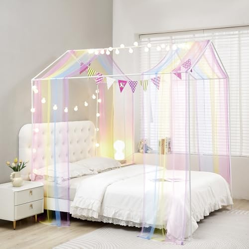 Mengersi Betthimmel, Bettvorhänge mit Lichtern, Montessori-Bodenbetthimmel für Mädchen und Jungen, 4 Poster-Bettvorhänge, Hausbett-Dekoration (Doppelbett, Größe XL, Regenbogen)