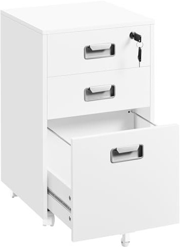 Yaheetech Caisson de Bureau Mobile avec 3 Tiroirs, Verrouillable, Rangement Bureau pour Document A4/Lettre, Dossier Suspendu, Support d'Imprimante à roulettes, 40 cm L × 40 cm l × 66cm, Blanc