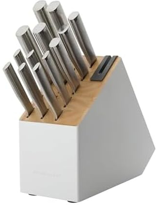 KitchenAid Slim Two-Tone Knife Block Set with Built-In Knife Sharpener, Stainless Steel Kitchen Knives, Sharp Kitchen Knife Set with Block, 14-Piece, White