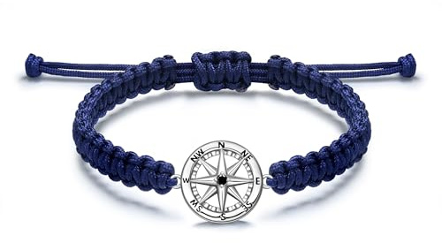 JENDEAR SHINE Pulsera de Brújula para Hombre de Plata 925, Cadena de Cuerda tTejida a Mano Ajustable, Pulsera Vintage para Hombre