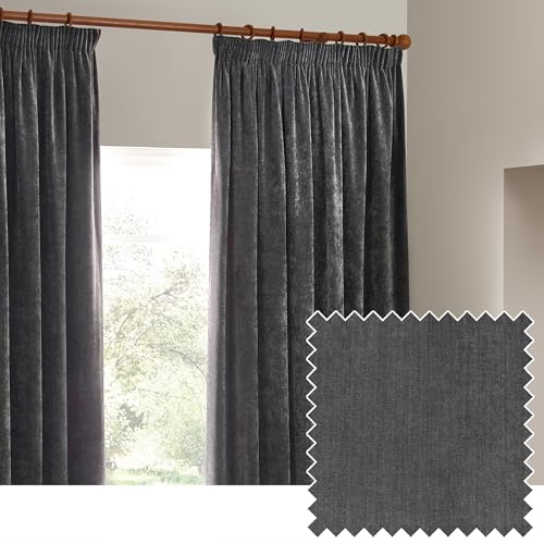 Yard Heavy Chenille Pencil Pleat Curtain Pair (Charcoal, 117 x 137 cm) | Lined Room Darkening Soft Velvet Curtains