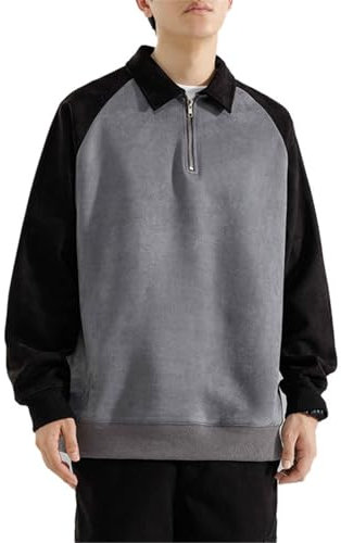 Seiizaa Sudadera para Hombre Otoño Suelta Manga Larga Estilo Coreano Deportes Casual Cuello Jersey Camisa-Black-L