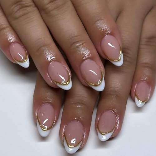 Ceboic Almond False Nails Medium, 24Pcs French White Tip Press on Nails Nude Pink Fake Nails with 3D Gold Stripe Design, Natural Glue on Nail Full Cover Acrylic Oval Stick on Nail for Women Girls