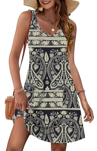 MOLEARNI sommarklänningar dam ärmlösa klänningar V-ringad t-shirtklänningar dam lediga strandklänningar klänningar, Boho blommig svart, M