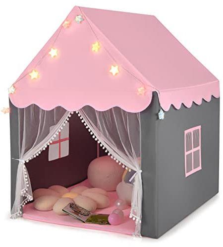 HOMASIS Kinderzelt für Indoor, Spielhaus mit Matte & Sternlichtern & Fenstern & doppeltem Vorhang, Kinder Spielzelt Prinzessin Kinderspielzelt für Mädchen & Jungen, Bettzelt Tipi Zelt (Rosa)