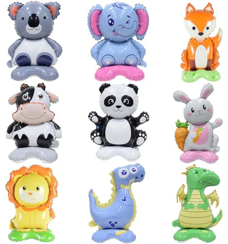 Folienballon Tier mit Sockel,9PCS Folienballon Tiere, XXL Waldtiere Luftballon, Groß Panda Löwe Riesenballon, Folienballons für Safari Deko, Waldtiere Ballon für Geburtstag Party Deko Geschenk