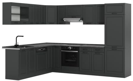 Vicco Eckküche R-Line, Anthrazit Landhaus/Anthrazit, 287 x 227 cm | 12 Module · Höhenverstellbare Füße · AP Anthrazit inkl. · MDF-Fronten · Mit Kühlschrankumbauschrank · Frei kombinierbar