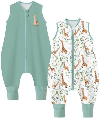 Chilsuessy Baby Sommerschlafsack mit Füßen 2er Pack 0.5 Tog Kleine Kinder Schlafsack mit Beinen 100% Baumwolle Schlafstrampler für Jungen Mädchen, Grün + Giraffe, 90cm/Baby Höhe 100-110cm