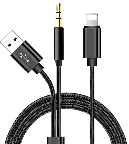 Cavo AUX per iPhone con caricatore USB in auto, 2 in 1, cavo AUX da 3,5 mm, in nylon intrecciato, adattatore audio AUX per cuffie per 14/14 Pro/14Pro Max/13/13 Pro/12/12 Pro/11 Pro/11/Xs/XR/X/8/7 (1M)