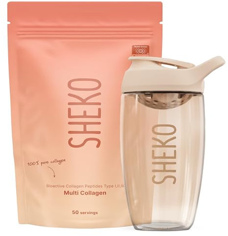 SHEKO Premium Kollagen Pulver 500g + Shaker - Natürliches Bioaktives Kollagen Hydrolysat - Peptide Typ 1, 2, 3 - Collagen Pulver - Optimale Löslichkeit - Proteinpulver - Made in Germany