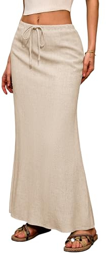 ELLEVEN Linen Maxi Long Flowy Skirt for Women Trendy Summer with Slit Elastic Waist Drawstring Casual Beach Holiday Low Rise Cotton Sexy Curvy Boho Mermaid Skirts Floor Ankle Length Beige X-Small