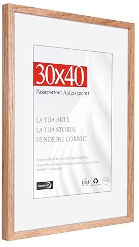 HIMEETIME® 1x Cornice Foto in Legno Quercia 30x40 cm，Passepartout 21x30cm,Cornice 30x40 con Vetro artificiale infrangibile- Cornice per Grande Quadro,Poster-Solo esposizione da parete
