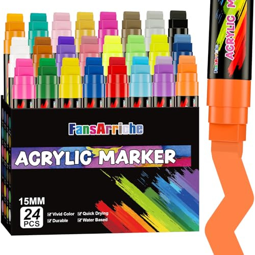 FansArriche Rotuladores acrílicos, punta de fieltro jumbo de 15 mm, 24 colores impermeables para marcar, marcadores acrílicos para piedras, resistentes al agua, carteles, caligrafía y pinturas al aire