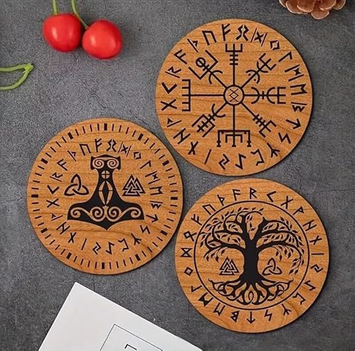 6X Wikinger Holz Untersetzer Runen rund Nordland Tisch Deko