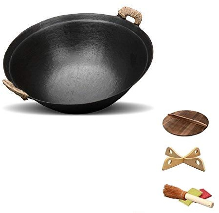 WOTZOV Grande pentola in ghisa, Vintage, Fatta a Mano, per Uso Domestico, con Fondo Tondo, Wok binaurale, Non Rivestita, Padella Antiaderente Tradizionale, 38 cm