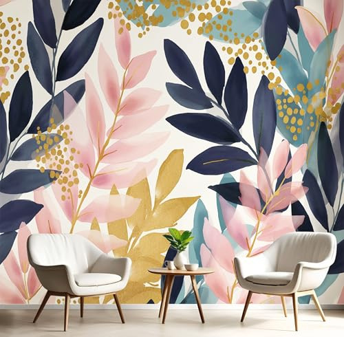 Carta Da Parati 350X260Cm Foglie Tropicali Fotomurali Seta Murale Alla Decorazione Da Muro Xxl Poster Cameretta Per Camera Da Letto Soggiorno Piante Acquerellate 3D Pittura Oro Rosa