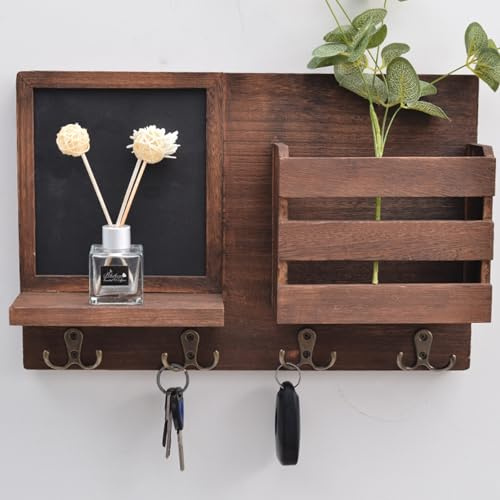 UUE Schlüsselbrett Holz mit Ablage, 4 Haken Handgemachte Schlüsselhalter für Wand, Wandgarderobe für Flur, Wohnzimmer & Schlafzimmer, Paulownia-Holz, 42,5 × 9 × 28 cm