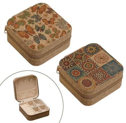 ZSUIQIN 2 Stück Kork Reise-Schmuckkästchen,für Ohrringe & Ringe | Leicht, robust, mit echter Holzmaserung, 9,5×9,5×4,5cm,ideal für Reisen und Urlaub. Auch ein schönes Geschenk (2 Modelle)