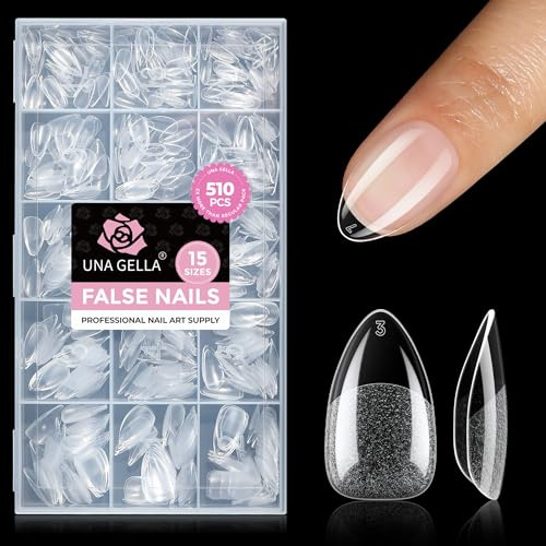 UNA GELLA Capsule Americaine Ongle Amande Courte, 510 pcs 15 Tailles, Capsules Ongles Gel Pré-Poncées Sans Limage, Faux Ongles Soft Gel Naturels pour Extensions Manucure Salon