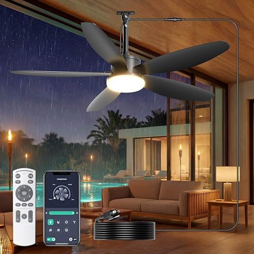Phylluz Outdoor Ceiling Fan with Lights, 42 Inch Plug in Gazebo Fans with Remote APP Control, Quiet DC Motor, Dimmable 3CCT, Waterproof Hanging Fans for Patios, Porch, Black