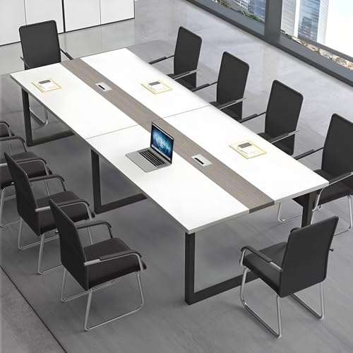 CCUKTFN Großer Konferenztisch, Moderner Besprechungstisch mit Kabelkanal und Schwarzem Metallrahmen für 8–12 Personen, Rechteckiger Seminar-Tisch für Büro, Konferenzraum