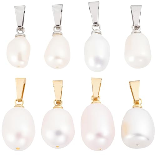 Beebeecraft 10Pcs 2 Styles Natural Pearl Charms Pearl Pendant Charm with Gold Silver Snap on Bails Small White Rice Oval Freshwater Bead Pendants for Necklace Bracelet Earring Jewelry DIY Crafts