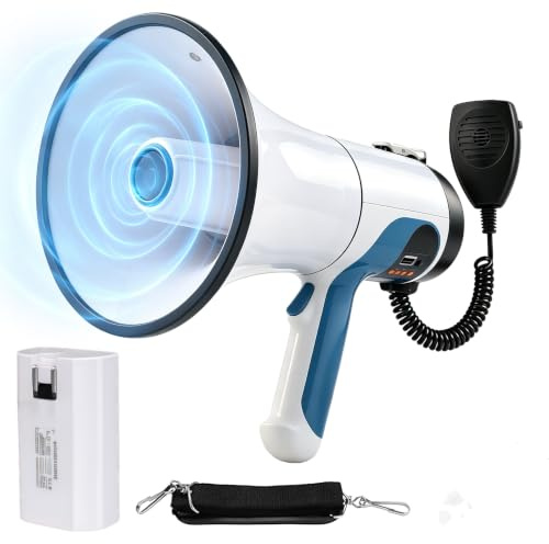 Mégaphone 120W Portée 2000m avec Bluetooth Sirène Micro Enregistrement, Enregistrement 350S/1000S, Mégaphone Portable avec Bandoulière Réglable pour Coachs, Sécurité, Activités de Plein Air