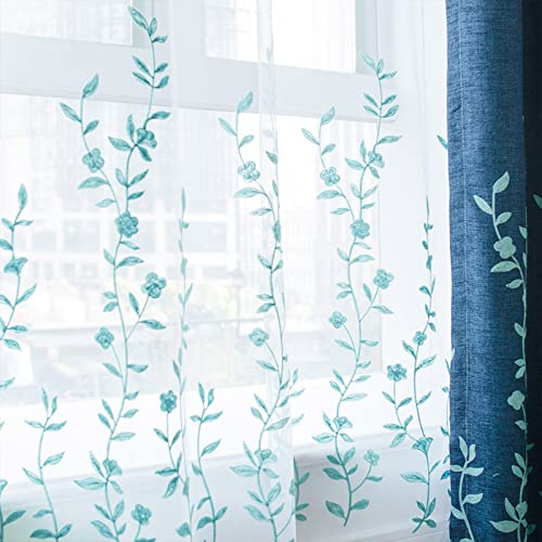 Melodieux Flower Embroidery Sheer Curtain for Living Room Patio Sliding Door Wide Window Rod Pocket Voile Drape, White/Blue, 100 by 96 Inch (1 Panel)