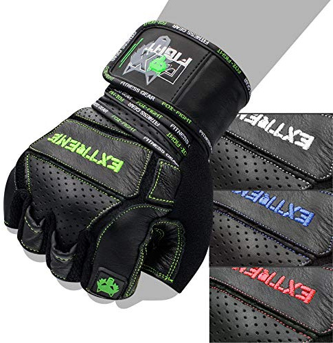 FOX-FIGHT Fitnesshandschuhe Trainingshandschuhe Kraftsport Damen Herren Leder Handschuhe Bodybuilding Sporthandschuhe mit Handgelenkbandage Krafttraining Gewichtheben Extreme Rot Blau Grün Schwarz