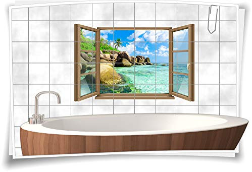 Medianlux Fliesen-Aufkleber Fliesen-Bild Fenster Felsen Ufer Wasser Palme Wolken Bad WC Aufkleber Folie Deko Digitaldruck, 90x58cm, 20x25cm (BxH) wb22fb383-115501