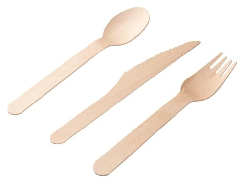 Einwegbesteck Holzbesteck Set , Holzbesteck 150 Stück (50 Holzmesser, 50 Holzgabeln, 50 Holzlöffel)