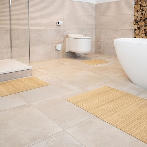 DE-COmmerce Bambus Badematte Lines im 3-er Set, Badteppich, Holzteppich, Bambusmatte, Badezimmer, rutschfest, Farbe: Pure