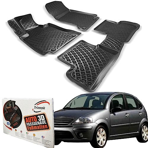 Trimak Passgenau 3D Fussmatten Auto Kompatibel mit Citroen C3 1.Gen 2002-2009 Auto Zubehör 1. und 2. Reihe Gummimatten Autos TPE Allwetter Geruchlos rutschfest Vorne & Hinten Schwarz